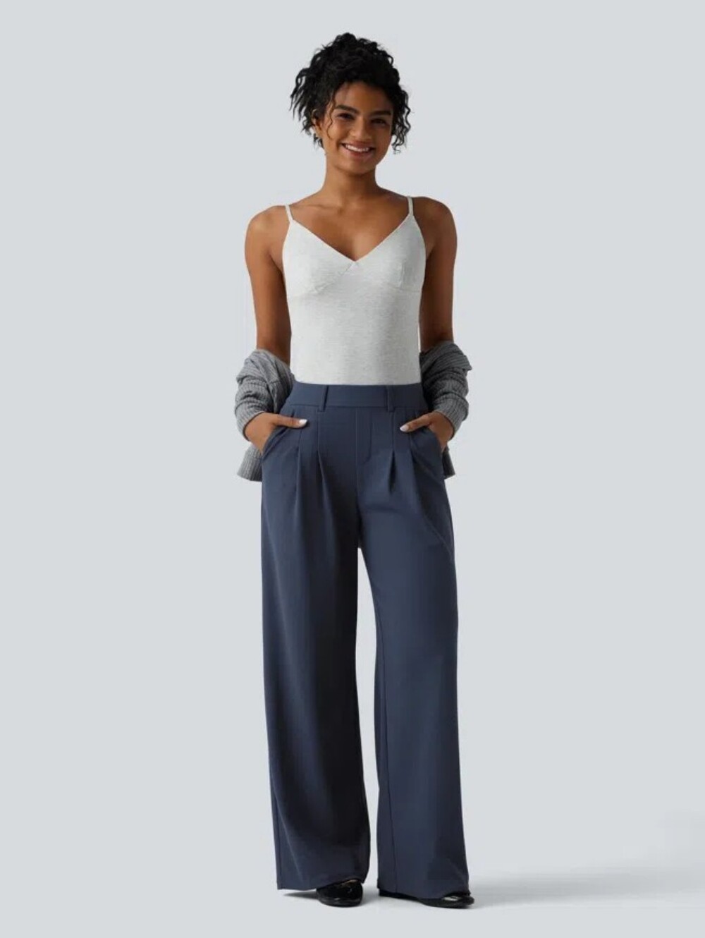 Halara Mid Rise Wide Leg Waffle Pants Harbor Ink Medium Pocket Lounge Casual - Picture 11 of 16